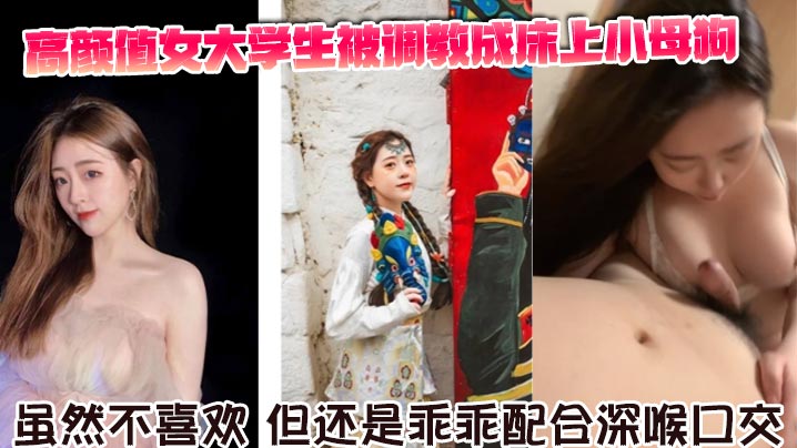 高颜值女大学生被调教成床上小母狗。虽然不喜欢，但还是乖乖配合深喉口交。舌舔骑乘坐在胸脯上男友的JB，